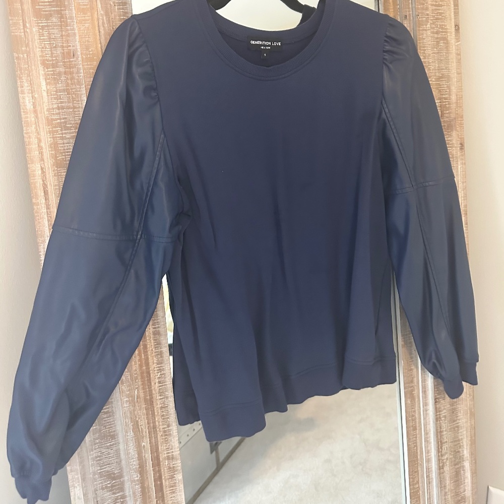 generation love navy top with vegan leather sleeves